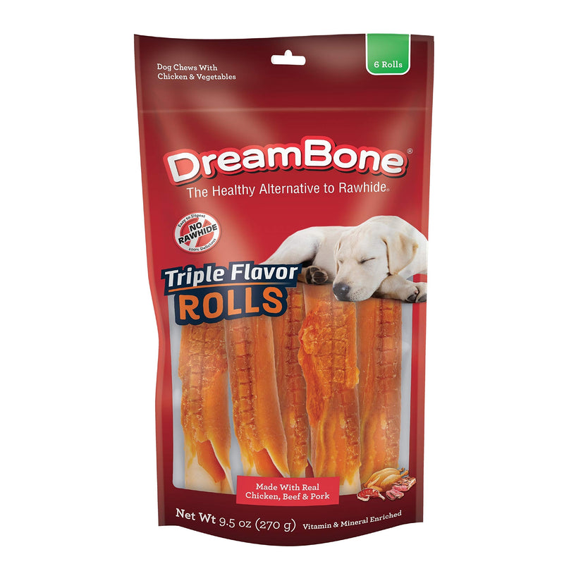 DreamBone Triple Flavor Rolls 6 Count, Rawhide-Free Chews for Dogs