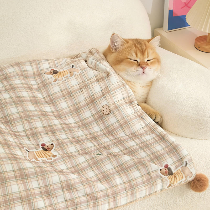 Jiupety Cat Blanket for Indoor Cats Washable Calming Cozy Pet Blankets Cat Grid Blanket with 2 PCS Fluffy Fur Balls Kitten Puppy Blanket for Bed Couch Chair,Brown