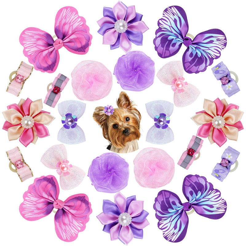 Naturahand 22 Pieces Cute Dog Hair Bows with Elastic Rubber Bands, Small Puppy Hair Accessories with Butterfly Flower Pearls Double Bow for Pets Dogs Cats Hair Grooming (Purple and Pink)