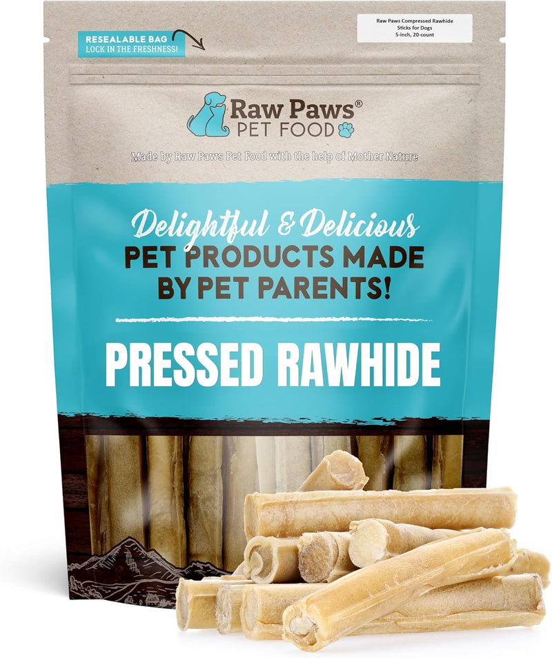 Raw Paws 4-inch Compressed Rawhide Bones for Dogs, 20-Count - Packed in USA - Small Dog Bones - Puppy Teething - Long Lasting Dog Chews - Natural Pressed Rawhides - Raw Hide Bone