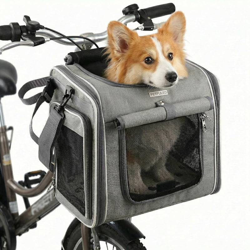 Dog Bike Basket,Eapandable Foldable Soft-Sided pet Front Bicycle Carrier Backpack with 4 Open Doors, 4 Mesh Windows for Small Medium Dog Cat Puppies, Car Booster Seat with Safety Strap