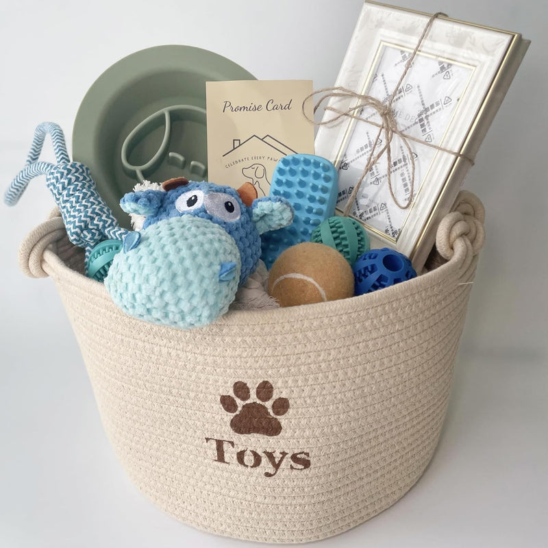 Dog Welcome Gift Box – New Puppy Starter Kit with Promise Card, Frame, Toys, Double‑Sided Bowl & Brush in Woven Basket –