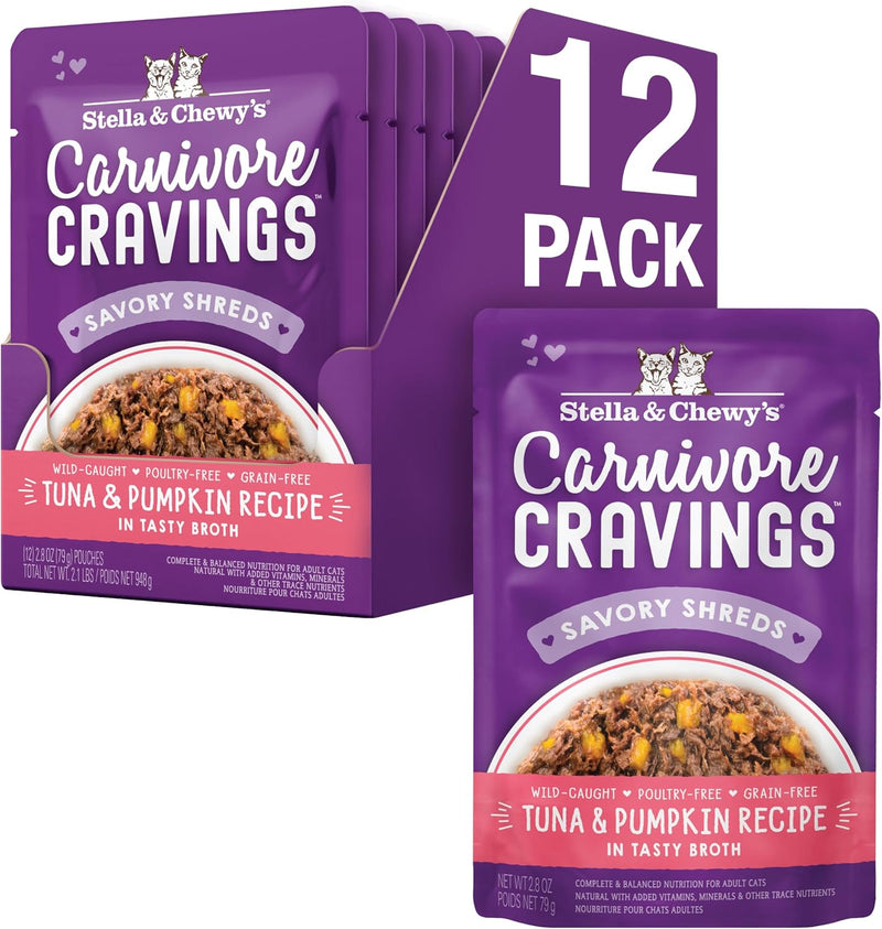 Stella & Chewy's Carnivore Cravings Wet Cat Food - Premium Pouches - Grain Free, High Protein Tuna & Pumpkin - Perfect f