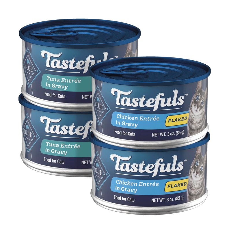 Blue Buffalo Tastefuls Wet Cat Food, Made with Natural Ingredients, Tuna and Chicken Flaked Entrées in Gravy, 3oz Cans, 4-Count Variety Pack Trial Size