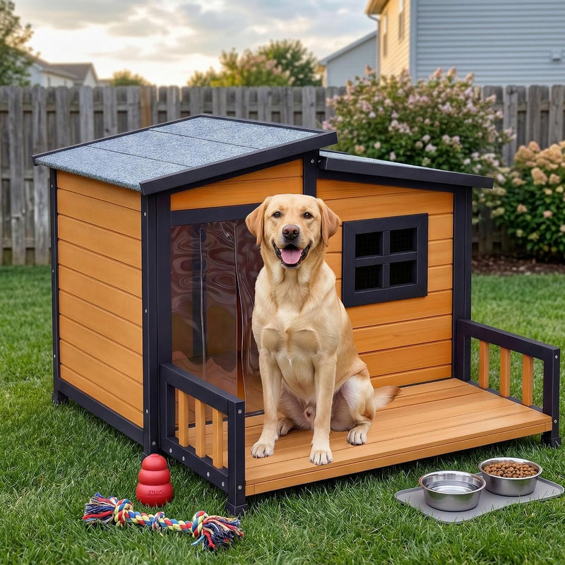 RUNSHED Insulated Outdoor Dog House for Small and Medium-Sized Dogs, Weatherproof Wooden Shelter with Elevated Floor & V