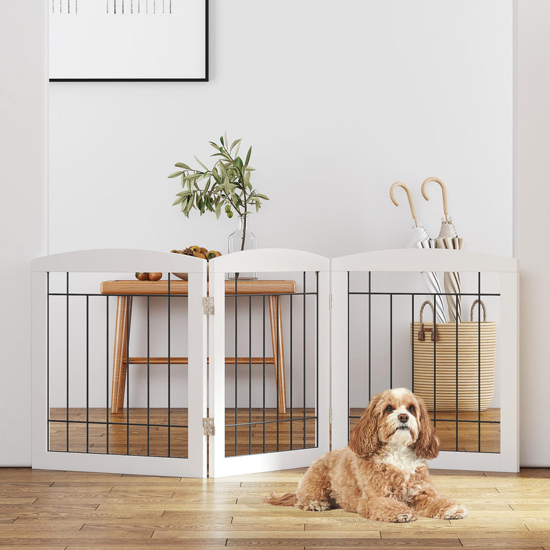 PAWLAND Free Standing Dog Gates for The House Stairs Doorways Indoor Foldable Wooden Small White Puppy Pet Gate Step Over Fence 60