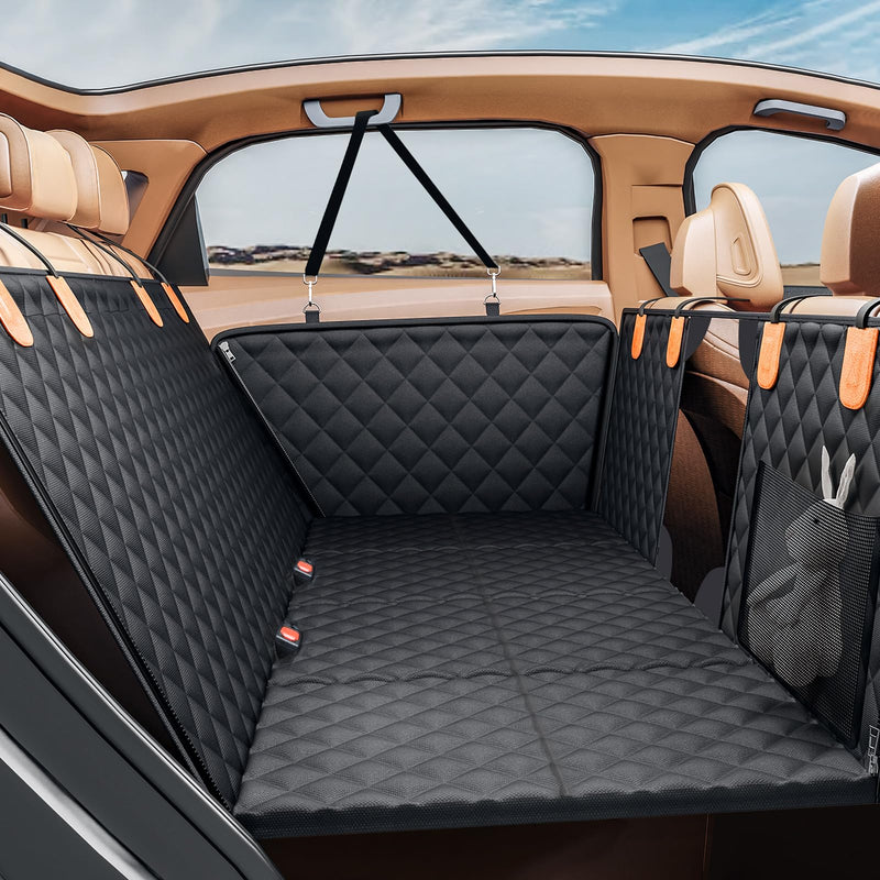 PETICON Back Seat Extender for Dogs, Hard Bottom Dog Car Seat Cover - Supports 400lbs, Rear Seat Pet Cover with Mesh Window, Waterproof Dog Hammock for Car SUV