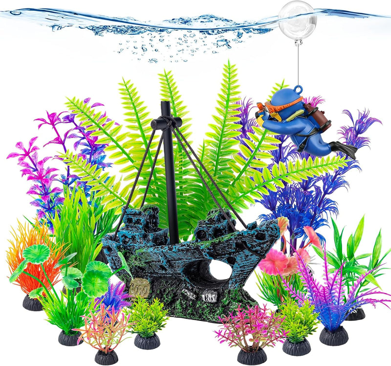 CousDUoBe 16 Pcs Fish Tank Decor Set Shipwreck Decoration Fish Tank Plants