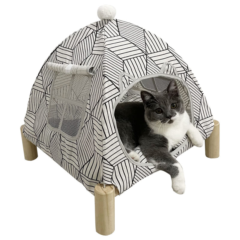 Pozico 2-in-1 Cat Bed Tent with Wooden Frame – Cat Teepee & Hammock, Portable Indoor/Outdoor Pet Tent for Cats, Kittens, Small Dogs, and Small Animals – Quick Assembly, White Diamond Design