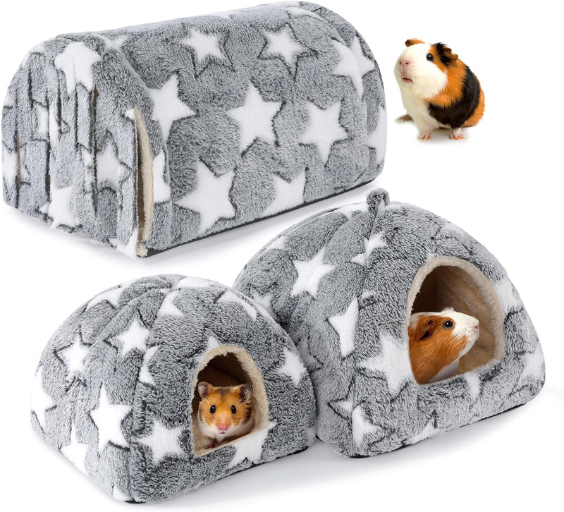 MABOZOO 3 Pack Guinea Pig House Accessories, Washable 2 Guinea Pig House and Hideout Tunnel with Curtains, Chinchilla Hi