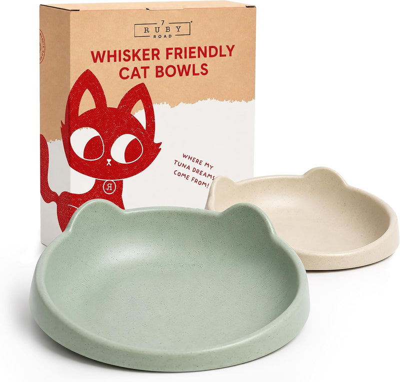 7 Ruby Road Anti Whisker Fatigue Cat Bowls Set of 2 - Wide Shallow Cat Food Bowls for Indoor Cats, Non-Slip Cat Dishes