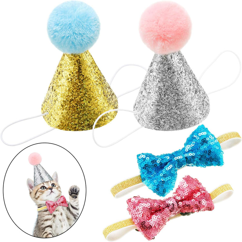 Satinior 4 Pcs Cat Birthday Hat Bow Tie Set, Lake Blue and Pink, Style A