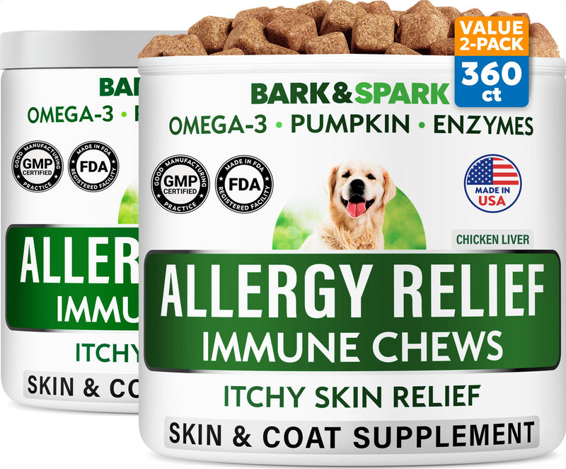 BARK&SPARK Dog Allergy Relief Soft Chews for Skin Health & Seasonal Allergies - Anti-Itch Supplement w/Omega-3, Quercetin & Bromelain Immune Treats for Dry Skin & Hot Spots - Chicken Liver - 360ct
