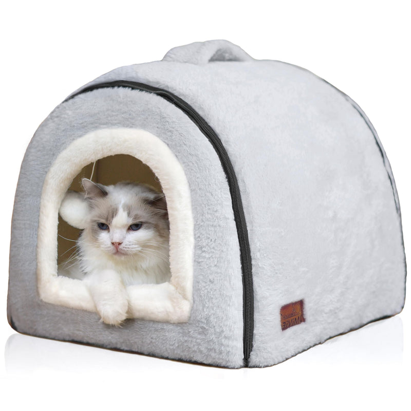OMIVIER Cat Bed for Indoor Cats,Foldable cat cave,Anti-Slip & Water-Resistant Bottom,cat Houses for Indoor Cats or Small Dogs, Kitten Tent, Rabbit Bed,2 in 1 pet Bed (Grey)