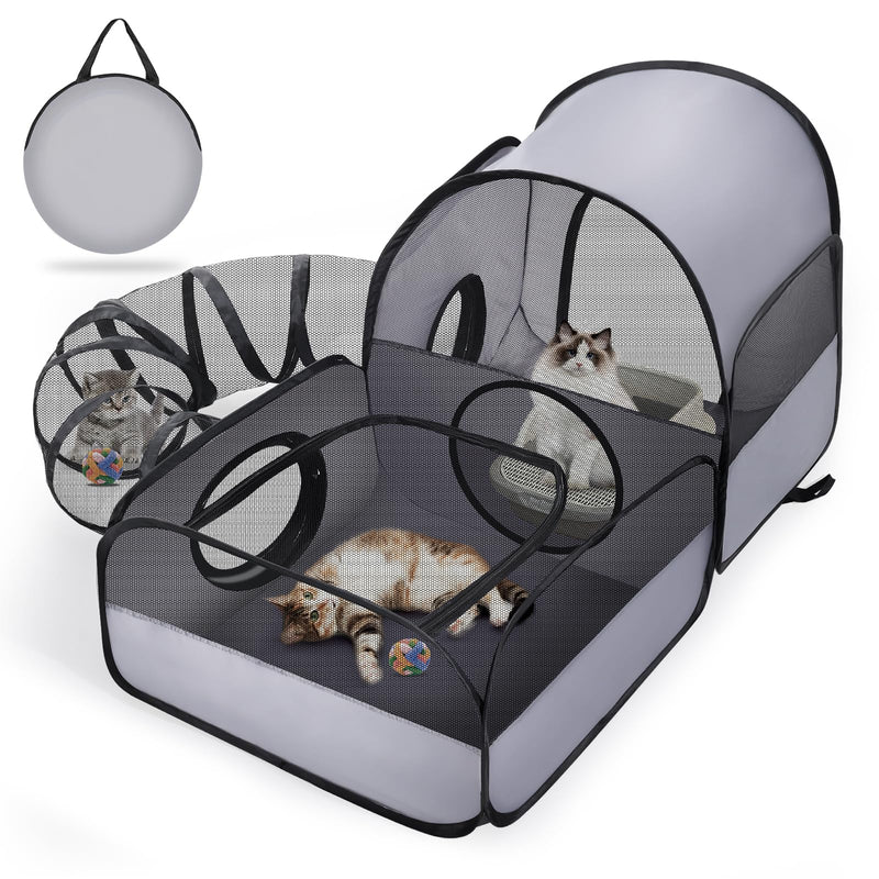 Portable Cat Playpen with Surround Tunnel, 2-Linked-Enclosed Areas, Ideal Cat Tent Outdoor or Cat Playpen for Indoor Cats Enclosed.Breathable Mesh Design for Indoor & Outdoor Use(Grey)