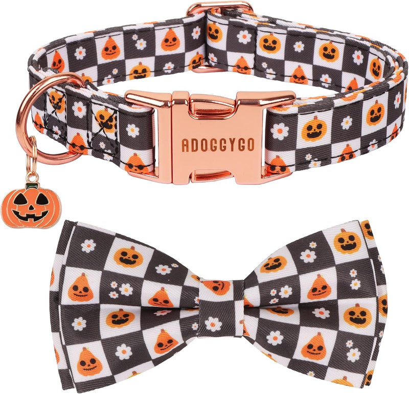 ADOGGYGO Halloween Dog Collar, Checkered Pumpkin Dog Bow Tie Collar, L