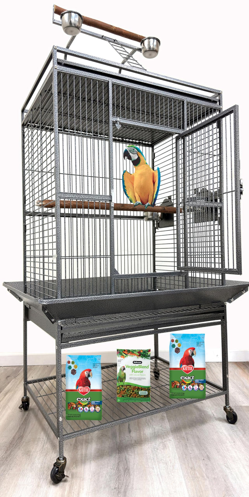 X-Large Elegant and Durable Wrought Iron Play Ground Perch Stand Top Climbing Ladder Bird Parrot Rolling Metal Cage with Around Seed Guard Storage Shelf On Heavy Duty Lockable Rolling Wheels