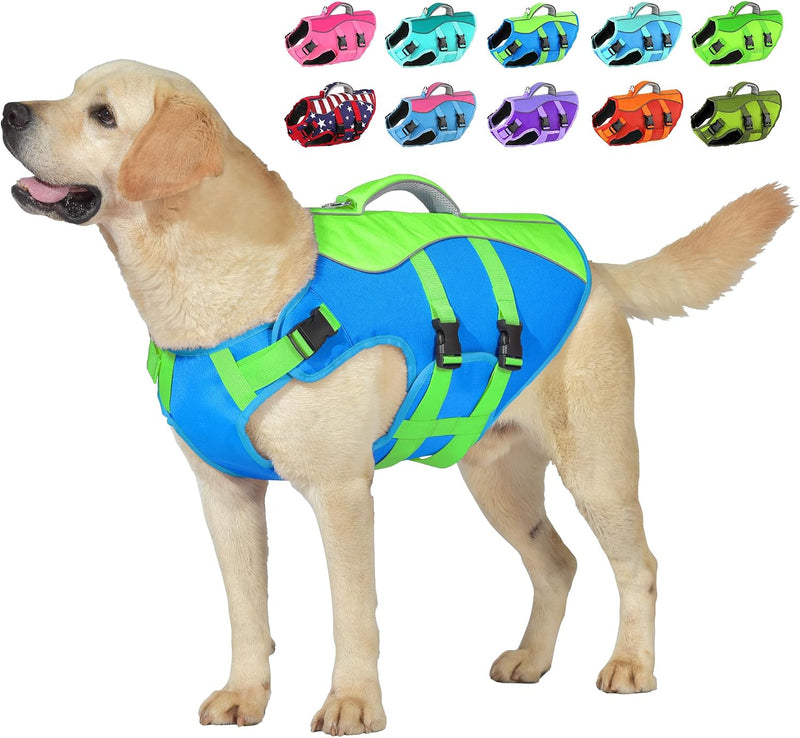Petglad Dog Life Jacket with Handle Adjustable Swim Vest, Blue & Green, L