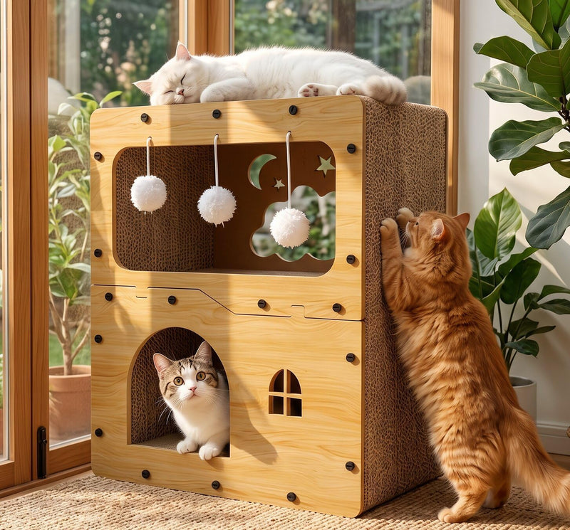 GTPLAYER 2‑Level Corrugated Cardboard Cat Condo, Multi‑Functional Indoor Cat Furniture for Kittens & Adult Cats Up to 22