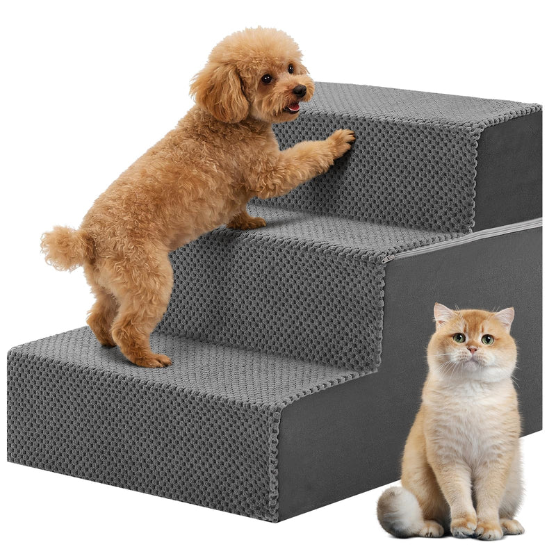 DUMOS Dog Stairs for Small and Medium Dogs, 3-Step Pet Steps with High-Density Foam, Indoor Non-Slip Pet Ramp for Puppy and Older Dogs Cats, Dog Bed Stairs for Couch and Sofa, Grey
