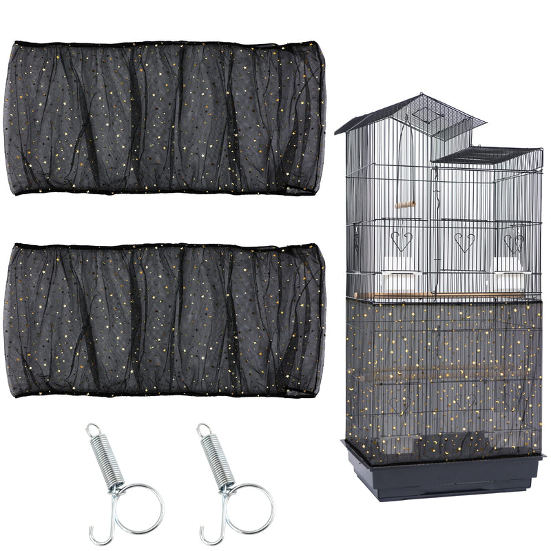 JULMELON 2Pcs Adjustable Bird Cage Seed Catcher(Black) Birdcage Nylon Mesh Cover Twinkle Star Universal Birdcage Cover for Parakeet Round Square Cage with Spring Hook