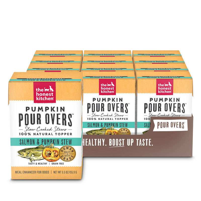 The Honest Kitchen Human Grade Pumpkin POUR OVERS Wet Toppers for Dogs (12 Pack), 5.5 oz - Salmon Stew