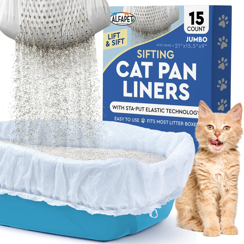 Alfapet Sifting Cat Litter Box Liners - Jumbo 15 Count, Pack of 5 - Tear-Resistant Cat Litter Bags, Waterproof Kitty Litter Liners, Fits Litterbox Pan Sizes X-Large, X-Giant, 37