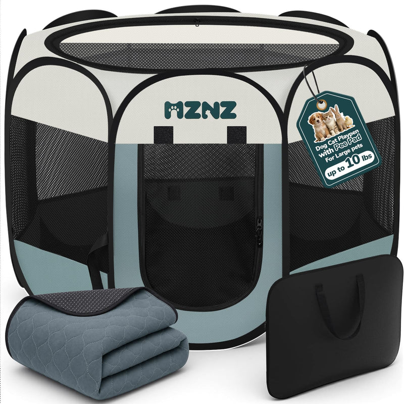 MZNZ Dog Cat Playpen with Pee Pad, Portable Puppy Pet Crate Indoor for Small Dogs Cats Rabbits, Foldable Dog Cage Enclosure for Outdoor, Pop Up Dogs Tent Kennel with Carrying Case, Grey