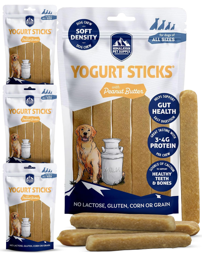 Himalayan Dog Chew Yogurt Sticks, Peanut Butter, Dog Treats with Prebiotics, Probiotics & Protein, Digestive Support, Lactose & Gluten Free, Natural Dog Treat for All Breeds, Made in America, 4pk