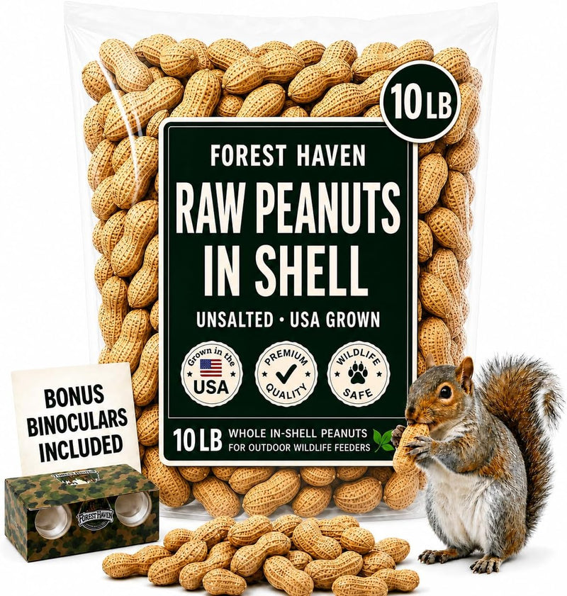 Forest Haven Premium Raw Peanuts for Squirrels – 10LB Bulk Squirrel Food – Unsalted Peanuts in Shell for Birds, Deer & Wildlife – Bonus Binoculars Included - USA Grown
