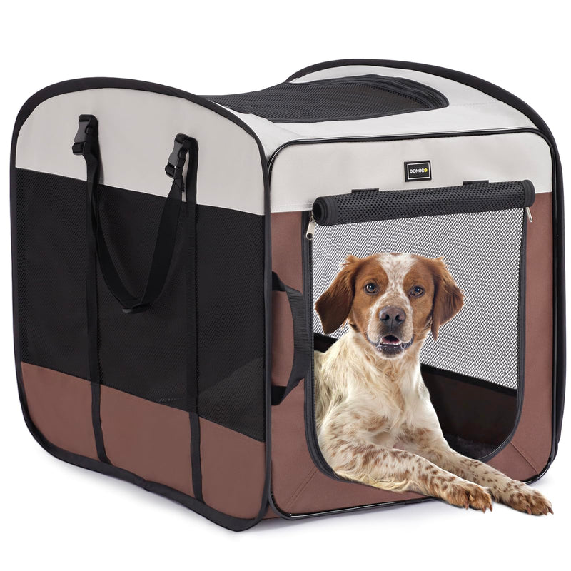 DONORO Dog Kennels and Crates for Medium Dogs, Portable Pop Up Indoor Pet Cage with Sturdy Wire Frame, Collapsible Travel Crate Soft Sided Cat Bag Escape Proof (Brown, 28.0