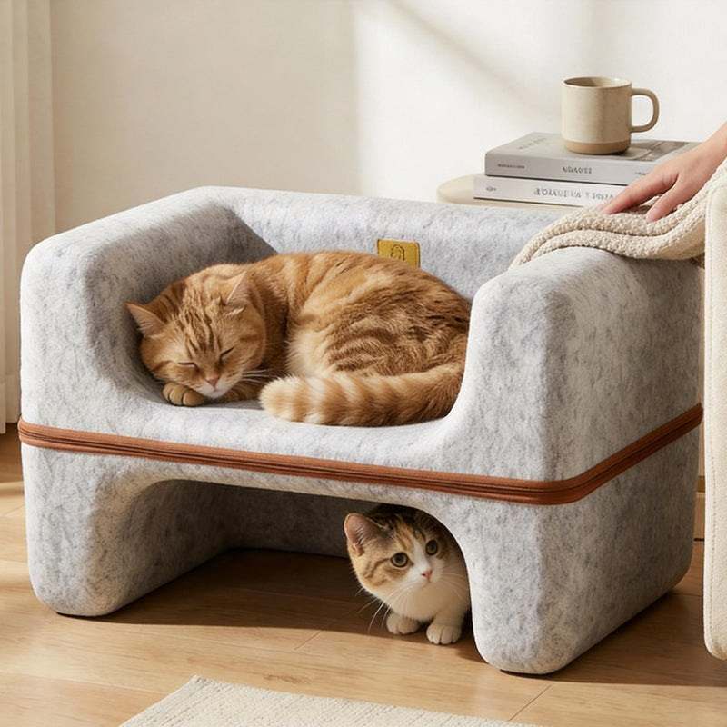 SSAVED Cat Bed for Indoor Cats, 2-Tier Cat Cave Bed with Top Lounge & Lower Hideaway, Washable PET Felt Cat Sofa for Living Room, Bedroom, Apartment, Scratch-Friendly Cat Furniture, Light Gray