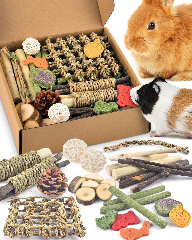 Bissap Rabbit Chew Toy, Natural Bunny Treats Snacks with Timothy Hay Water Grass Mat Chewing Bamboo Apple Sticks Box for