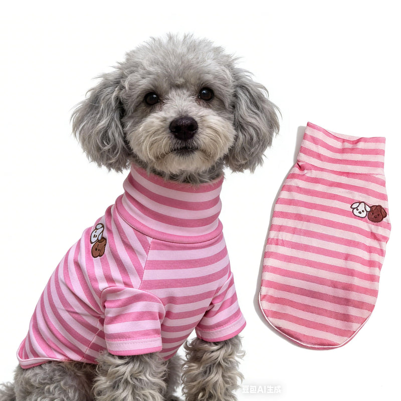 Turtleneck Dog Shirt Embroidery Doggie Soft Puppy Pullover Stretchy Striped Dog Clothes for All Breeds (Pink Striped, Small)