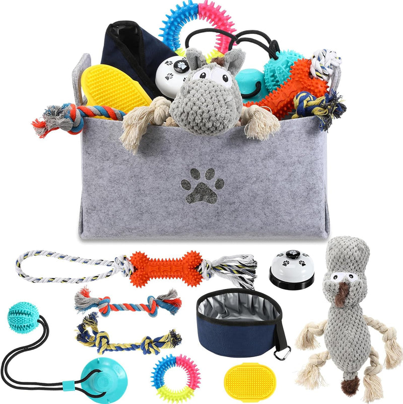 Zopeal New Puppy Gift Basket Dog Toy Pet Accessories Portable Travel Bowl, Grooming Brush, Squeaky Toy, Suction Cup Feed