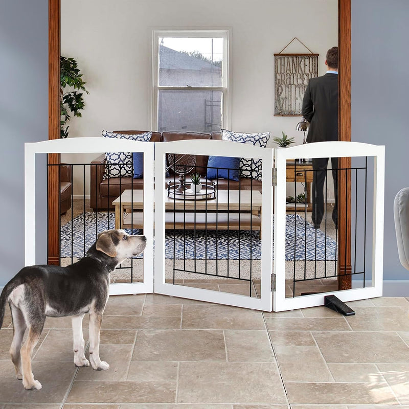ZJSF Freestanding Dog Fence Indoor, Foldable Dog Gate for Doorways, Stairs or Hallways, Sturdy Wood Extra Wide Pet Gate