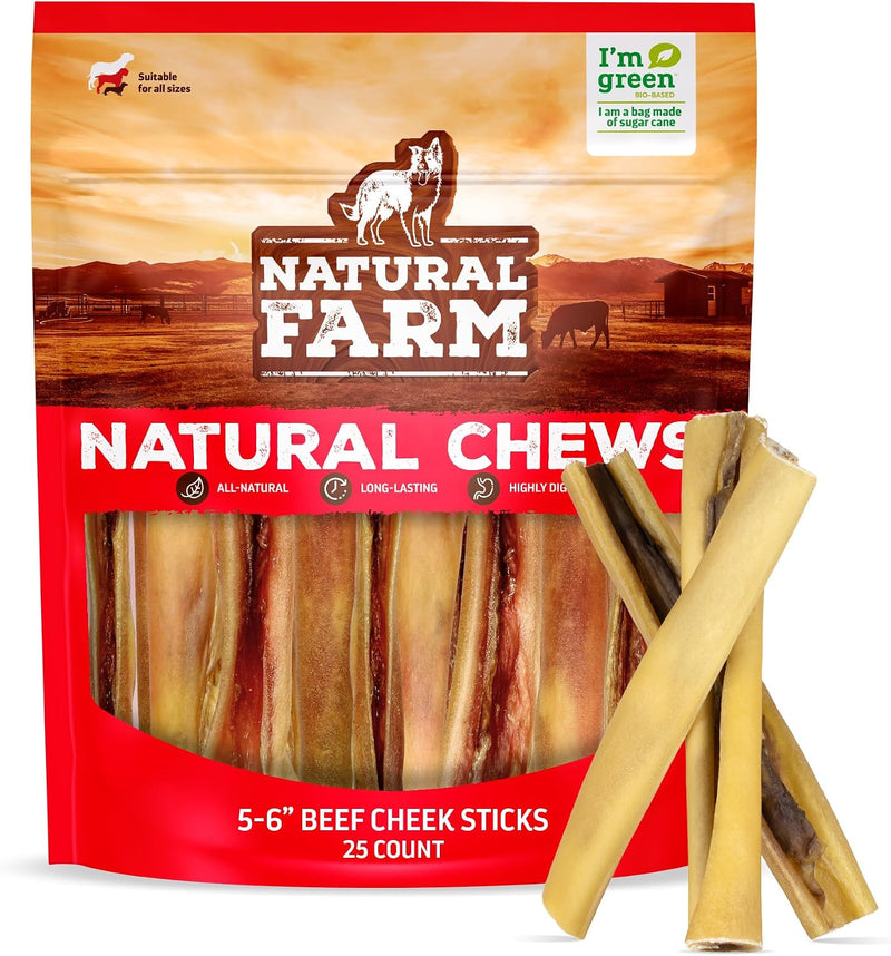 Natural Farm Bully Cheek Stick, 5-6-Inch (25-Pack)- Best Bully Stick Alternative, 100% Natural Beef Cheeks for Dogs- Hig