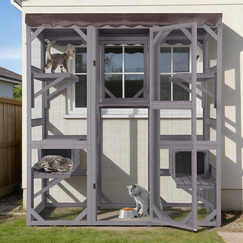 Aivituvin Catio Cat Enclosure Large Window Cat House for Outdoor Cats, Walk-in Kitty Cage with Tarp Roof, 7 Platforms, 2 Resting Boxes, Indestructible Feral Cat Shelter for Backyard - Grey