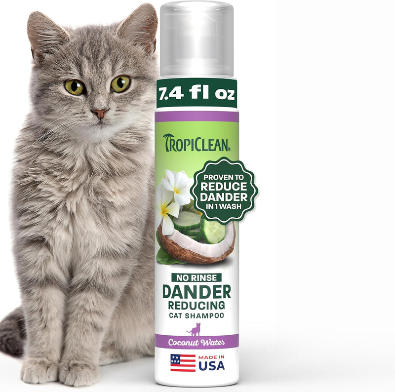 TropiClean No Rinse Waterless Cat Shampoo | Dandruff Treatment | Moisturizing Dry Shampoo for Dry Skin | USA Made | Aqua de Coco Scent | 7.4oz.