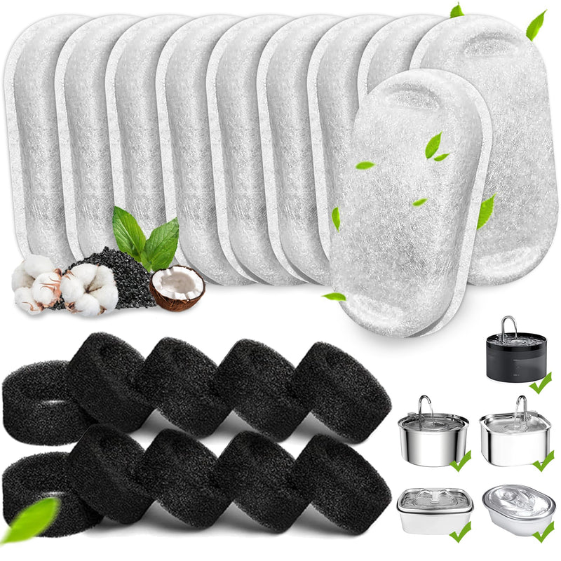 Cat Water Fountain Filters, 20Pack Cat Fountain Replacement Filters for Stainless Steel 108oz/3.2L& 67oz/2L adjustable Water Flow Pet Water Fountain,Dog Water Fountain Filters(10 Filters& 10 Sponges)