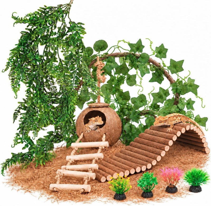 10PCS Crested Gecko Tank Accessories, Reptile Plants Bridge Vines, Coconut Shell with Ladder for Lizard, Chameleon Cage,