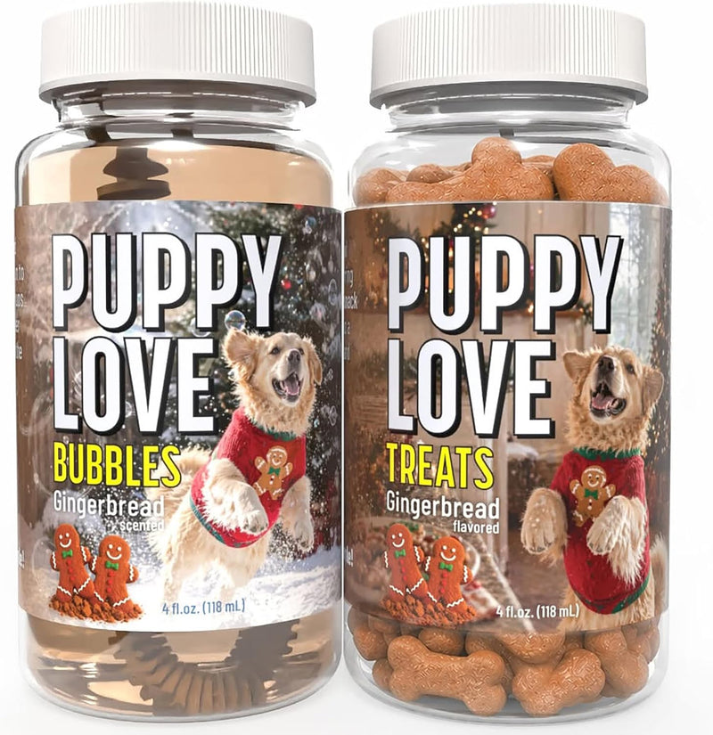 Puppy Love: Treat Play Love Duo - Gingerbread - 4oz Scented Bubbles & 1.78oz Flavored Treats - Dog Interactive Toy & Cru