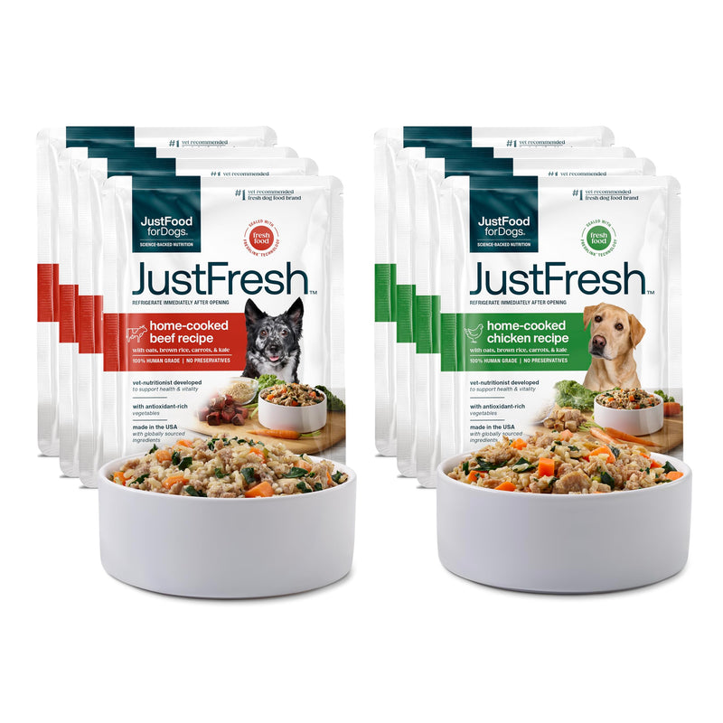 JustFoodForDogs JustFresh Wet Dog Food, Fresh Pet Meals and Toppers with No Preservatives, Resealable Package, Human Grade, Home-Cooked Beef & Chicken, 12 oz - 8 Pack
