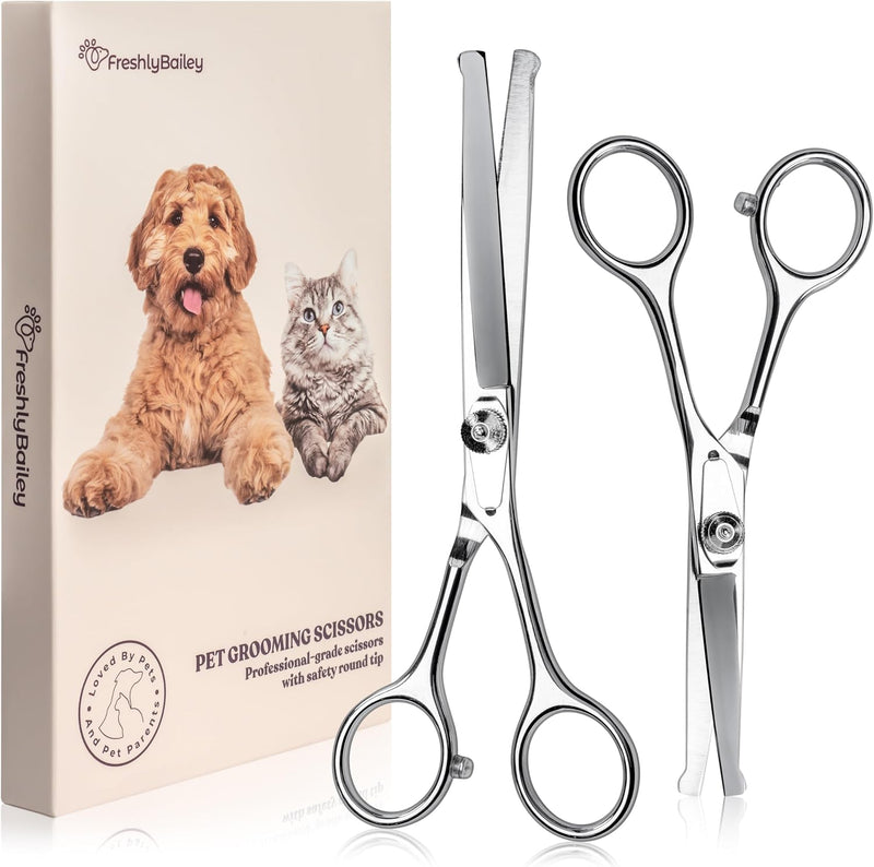 Pet Grooming Scissors Set - Round Tip Shears for Dogs & Cats