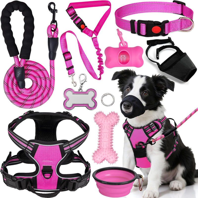 Dog Harness Collar and Leash Set - Dog Halter Harnesses Fits Small Medium Dogs (Pink-M)