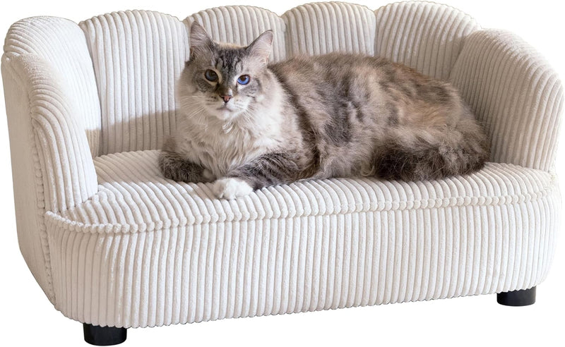 Paws & Purrs Retro Scalloped Back Sofa Style Pet Bed, Dog & Cat Couch with Tufted Cushion & Armrest, Stylish Indoor Pet