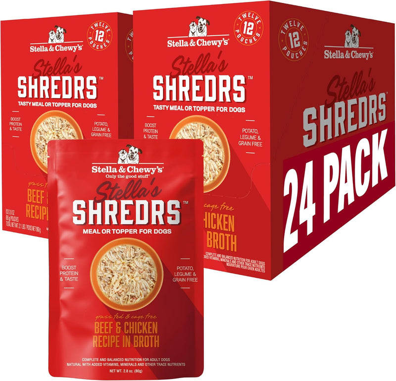 Stella & Chewy's Grass Fed Beef & Chicken Shredrs - Premium Dog Food Pouches - Perfect For Picky Eaters- 24 Pack, 2.8oz