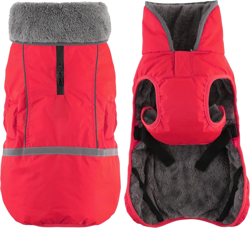 Dogcheer Warm Dog Coat, Christmas Dog Jacket Waterproof Puppy Winter Coat with Buckles, Reflective Adjustable Pet Snow Jacket Turtleneck Fleece Sweater for Small Medium Large Dogs - Red, 2XL