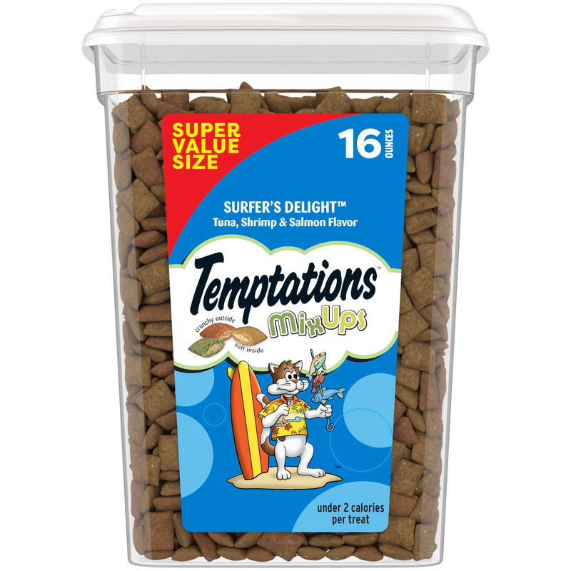 Temptations Cat Treats MixUps Surfer's Delight, Tuna, Shrimp, Salmon Flavor, Crunchy and Soft Cat Treats, 16 oz. Tub