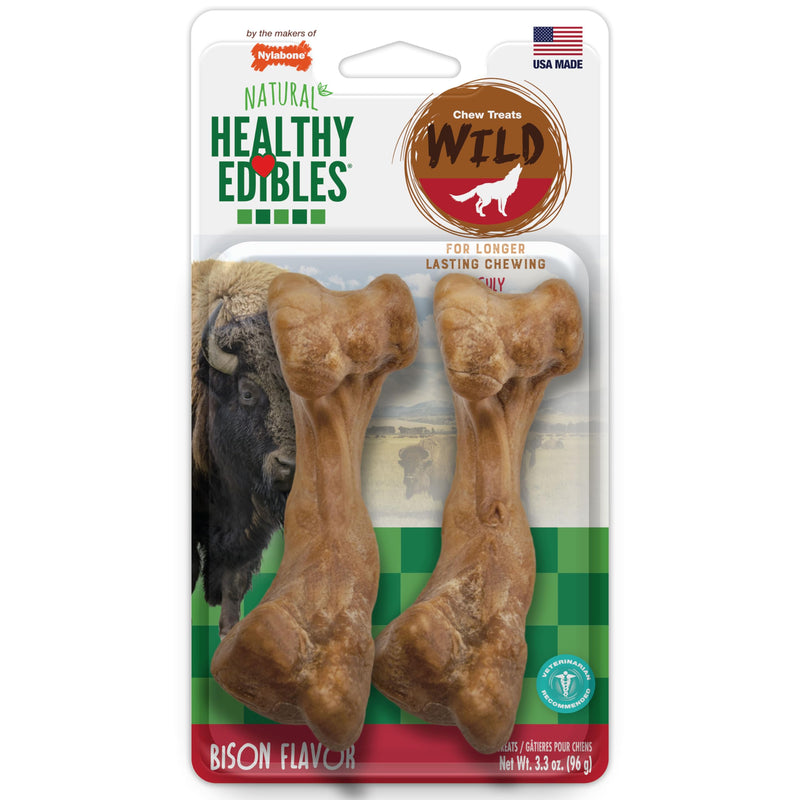 Nylabone Healthy Edibles WILD Natural Dog Chews, Long Lasting Bones for Dogs, Bison Flavor Dog Treats, Medium (2 Count)